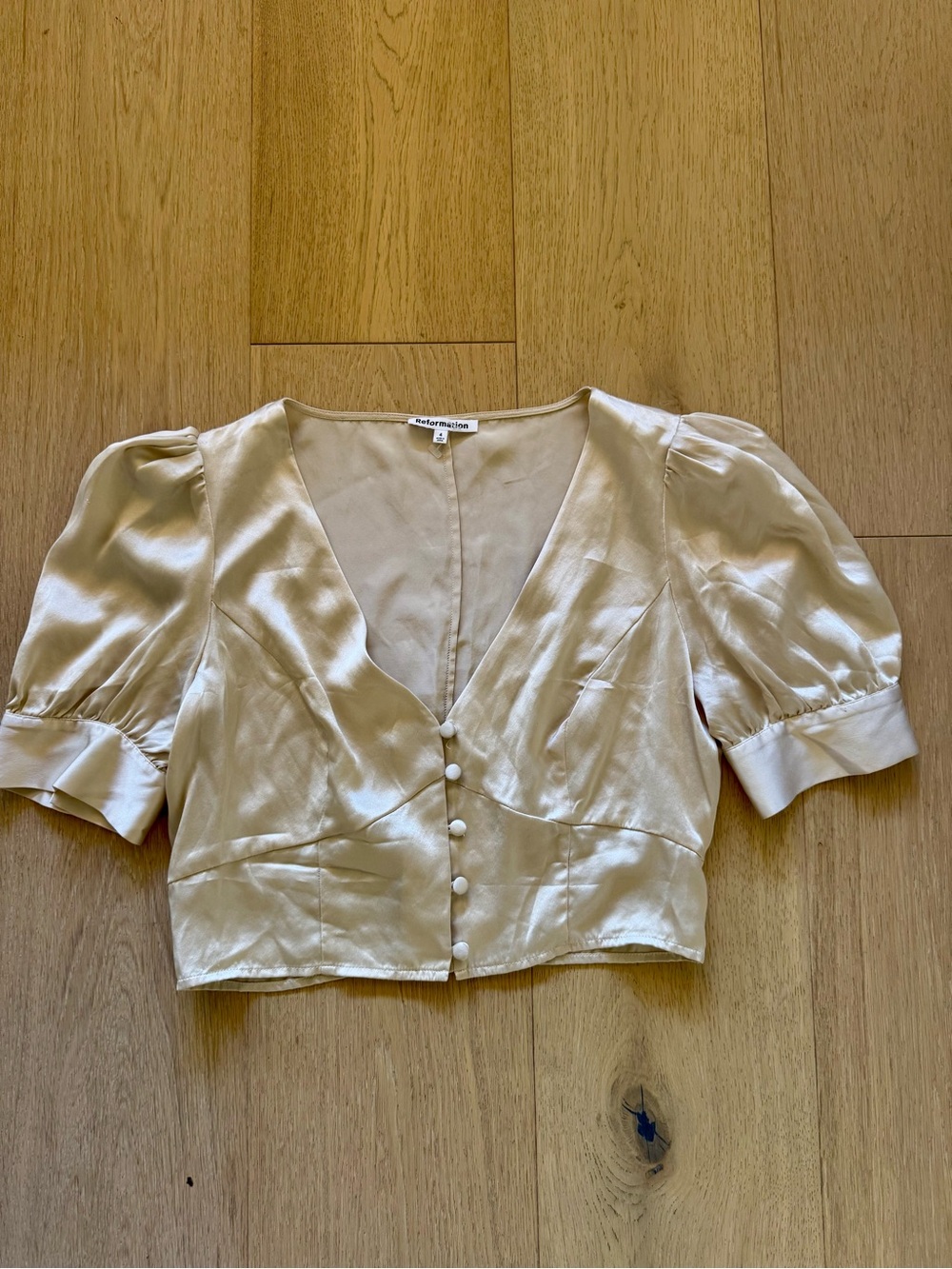 Reformation Satin V-Neck Blouse in Almond Cream - Picture 4 of 7
